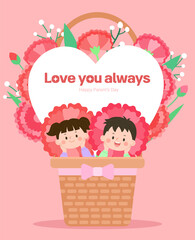 귀여운 어린이캐릭터를 포함한 어버이날 카네이션꽃 바구니 일러스트