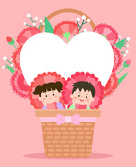 귀여운 어린이캐릭터를 포함한 어버이날 카네이션꽃 바구니 일러스트