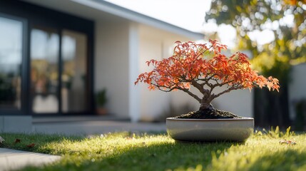 Serene Bonsai Tree with vibrant red leaves in a Peaceful Garden Setting