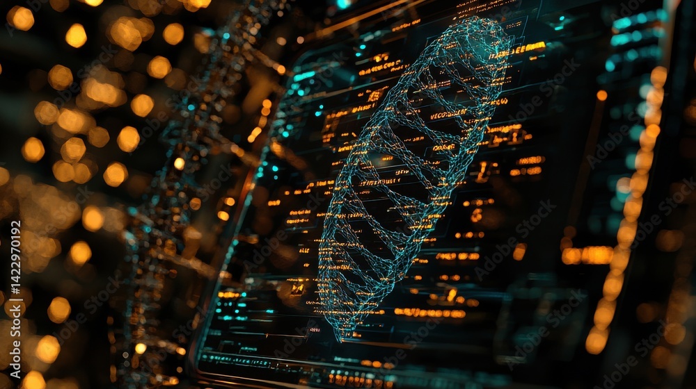 Poster advanced biotech lab interface showcasing futuristic dna visualization with neon colors and abstract