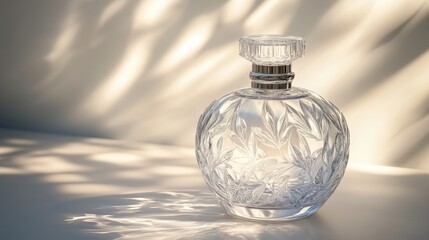 A front-facing shot of a clear glass perfume bottle with an artistic design, placed on a white surface and illuminated by soft, diffused light
