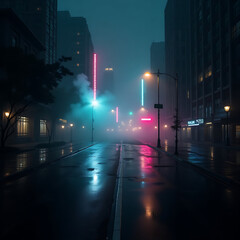 Wet asphalt, reflection of neon lights, a searchlight, smoke. Abstract light in a dark empty street with smoke, smog. Dark background scene of empty street, night view, night city
