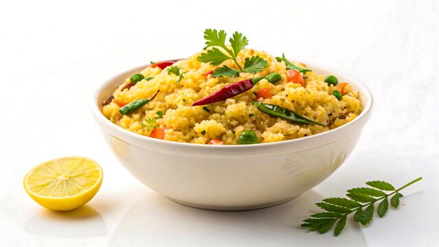 Traditional south indian upma made with semolina, vegetables, and spices served in white bowl with lemon and herbs
