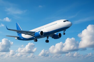 Obraz premium Passenger airplane flying in clear blue sky with fluffy clouds during sunny daytime aviation travel