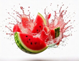 Artistic photo of watermelon pieces flying in the air with splash effect, isolated on white background