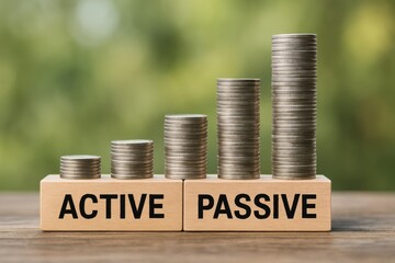 Investment strategies comparison with coin stacks representing active and passive income growth