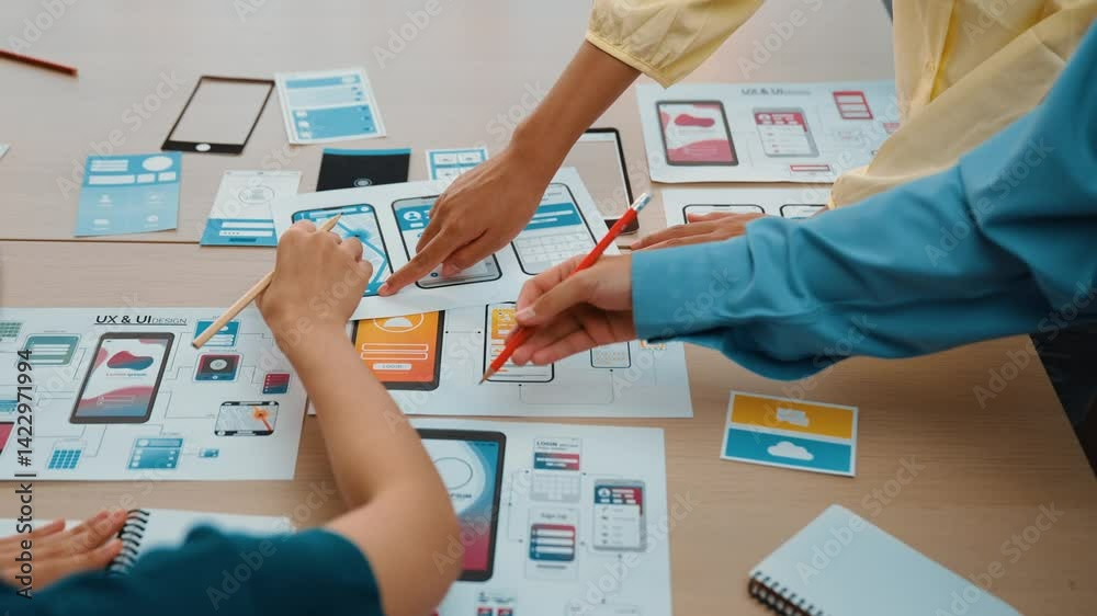 Poster panorama video of startup company employee planning on user interface prototype for mobile applicati