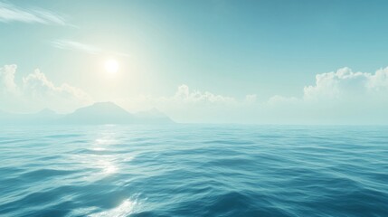 Obraz premium Serene ocean sunrise. Vast expanse of tranquil blue water, soft clouds, and a gentle sunrise