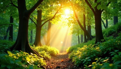Golden sunlight dapples forest floor, lush green canopy overhead, wild, texture