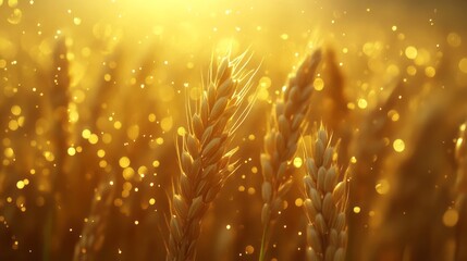 Fototapeta premium Golden wheat stalks gleam in the warm light of sunset