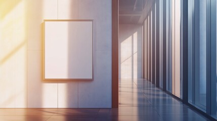 Modern Interior with Blank Frame and Sunlit Corridor for Mockup Display