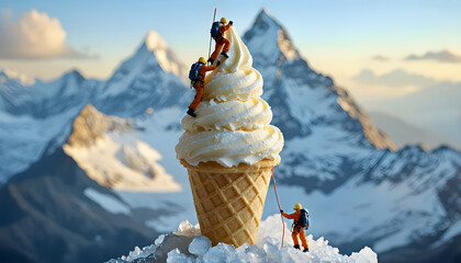 Climbers tackle a giant ice cream cone atop a mountain during sunset near stunning peaks
