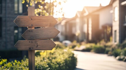 Directional Signpost with Wooden Arrows in a Suburban Neighborhood