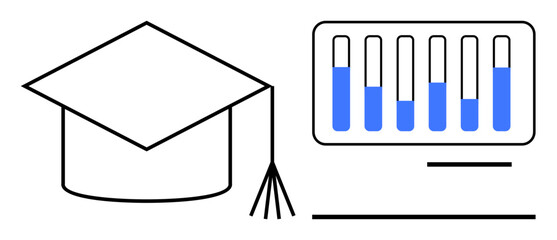 Graduation cap beside test tubes in a rack, symbolizing education, research, academic achievement, innovation, science, learning, career growth. Ideal for education science research e-learning