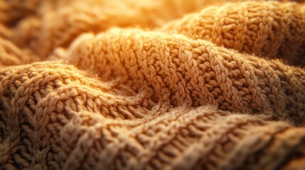 A macro shot of a cozy knit sweater with a chunky texture, illuminated by soft sunlight to showcase the warmth and softness of the fabric