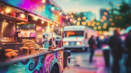 The charm of muted colors and blurred lights at a food truck gathering. 