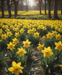 Obraz premium Sunlit field of vibrant yellow daffodils in full bloom , natural light, springtime, plant