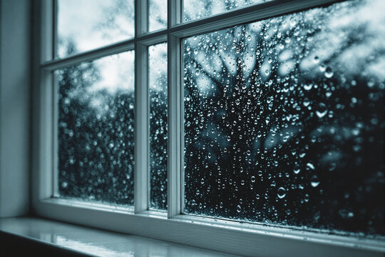 Raindrops on a window pane with trees blurred in the background, realistic photographic style, indoor setting, concept of rain and melancholy. Ai generative