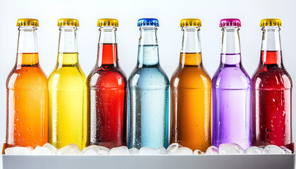 Many bottles of drinks in refrigerated box isolated on white