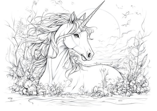 A coloring page of a unicorn with flowers, line art, no shading, white background, clean lines, high detail, black and white only, coloring book style, thick outlines, clear drawing lines