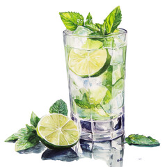 Refreshing watercolor mojito illustration with lime and mint on dark background