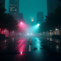 Wet asphalt, reflection of neon lights, a searchlight, smoke. Abstract light in a dark empty street with smoke, smog. Dark background scene of empty street, night view, night city