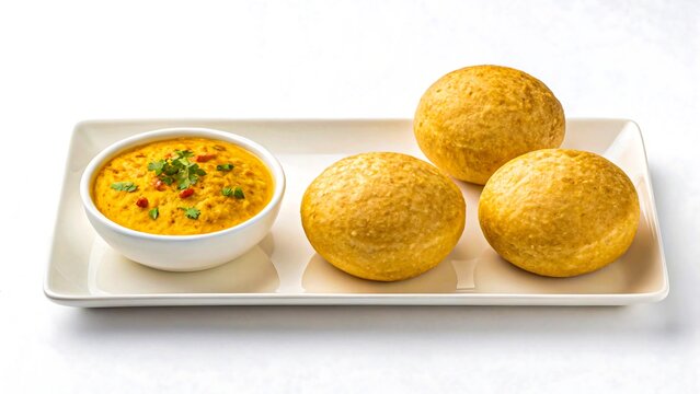Traditional indian dal bati served with lentil curry and garnished on white rectangular plate

