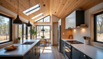Accessory dwelling unit concept. Modern kitchen design with wooden accents and large windows for natural light.