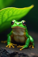 Frog sitting under a leaf, forest, frog