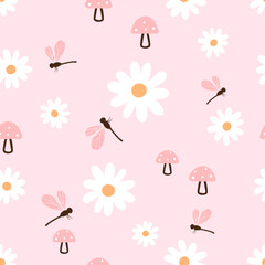 Seamless pattern with daisy flower, dragonfly cartoons and mushroom on pink background vector.