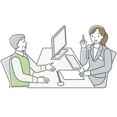 窓口で相談するシニア男性と応対する女性職員