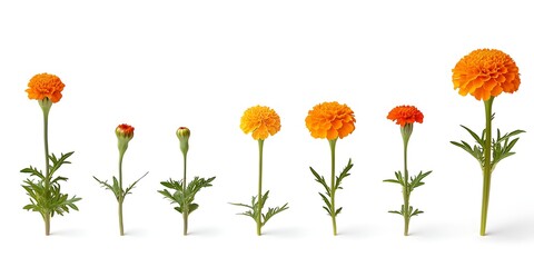 Marigold flowers displaying growth phases against a white backdrop for botanical illustration