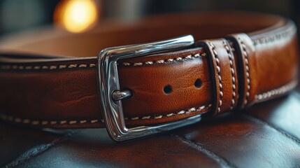 A close-up of a leather belt with a polished silver buckle, illuminated by soft natural light to enhance the rich texture and smoothness of the leather