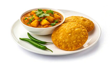 Indian puri with spicy aloo curry and green chili served on white plate
