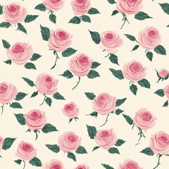 Seamless Floral Pattern Featuring Mini Pink Roses with Green Leaves on Light Beige Background