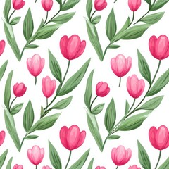 Seamless Pattern Featuring Delicate Pink Tulips and Green Leaves on a White Background