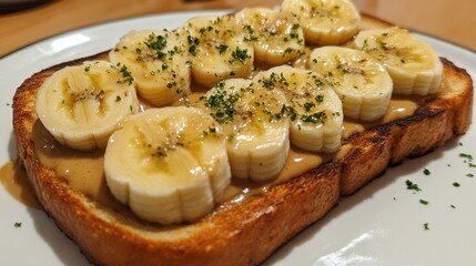 Delicious banana toast with peanut butter and parsley on white plate. Use this image to show healthy breakfast with tasty ingredients.