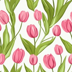 Obraz premium Seamless Pattern Featuring Mini Pink Tulips and Green Leaves on Soft White Background