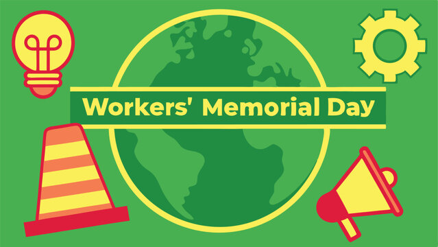 Workers Memorial Day Banner with Globe, Gear, Megaphone, Cone on Green - Powered by Adobe