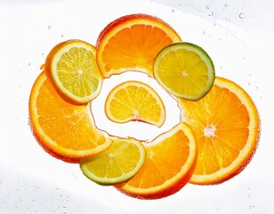 Floating citrus slices of orange, lemon, lime, arranged in a spiral motion, isolated on a white background