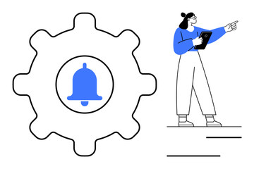 Gear with alert bell icon symbolizing notifications and settings, woman holding a tablet pointing forward. Ideal for technology, notifications, services, planning, user interface, apps, simple