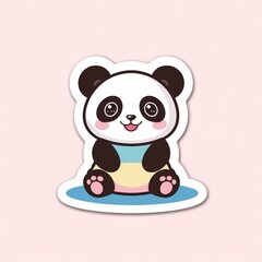 Fototapeta premium A kawaii-style cartoon panda mascot sitting and smiling, round head, chubby cheeks, large expressive eyes, clean white background, vector style, pastel color palette, ideal for sticker or app mascot, 
