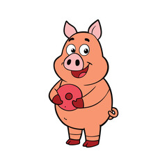 Naklejka premium pig cartoon character mascot holding a donut