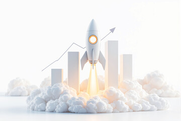 White rocket launching with glowing exhaust among rising bar chart columns, surrounded by clouds on white background, concept of business growth. Ai generative