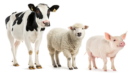 Naklejka premium A photostock image featuring a collection of farm animals including a cow, sheep, and pig, all set against a clean white background.