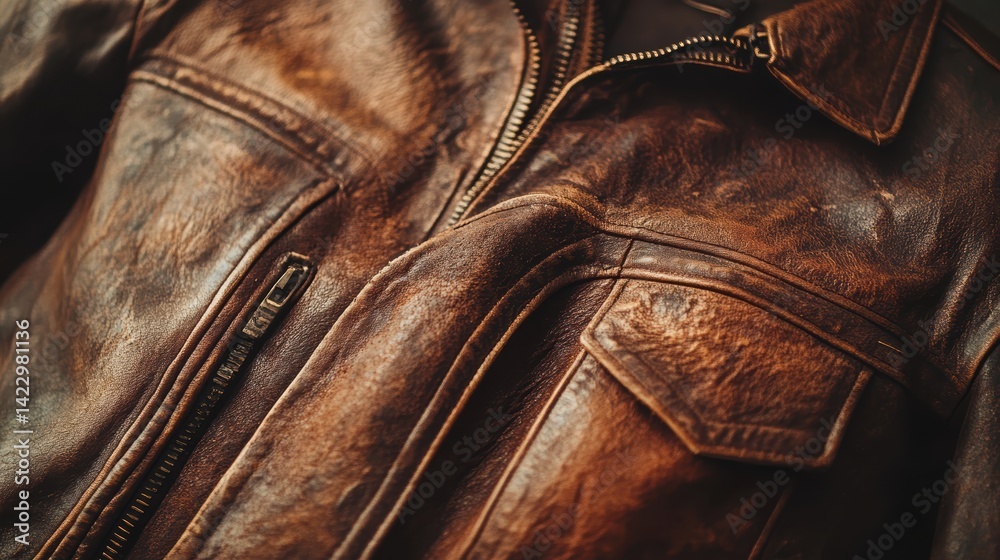 Wall mural a close-up of a vintage leather jacket with a distressed finish, illuminated by soft diffused light 