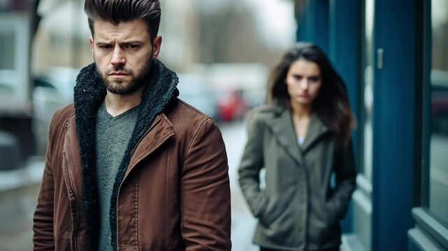 Emotional encounter between two people on city street captures tension and unresolved feelings in quiet moment