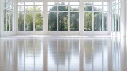Spacious, bright interior with large windows overlooking a garden