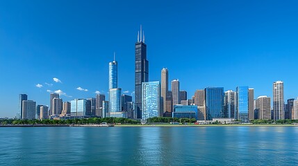 Obraz premium Chicago's iconic skyline shimmers against a vast azure sky on a tranquil day