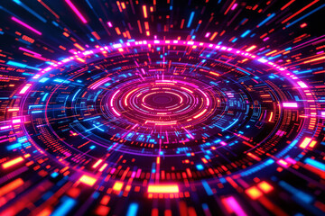Glowing neon concentric circles and digital data patterns in abstract cyberpunk style on a dark background, concept of technology and digital interface. Ai generative
